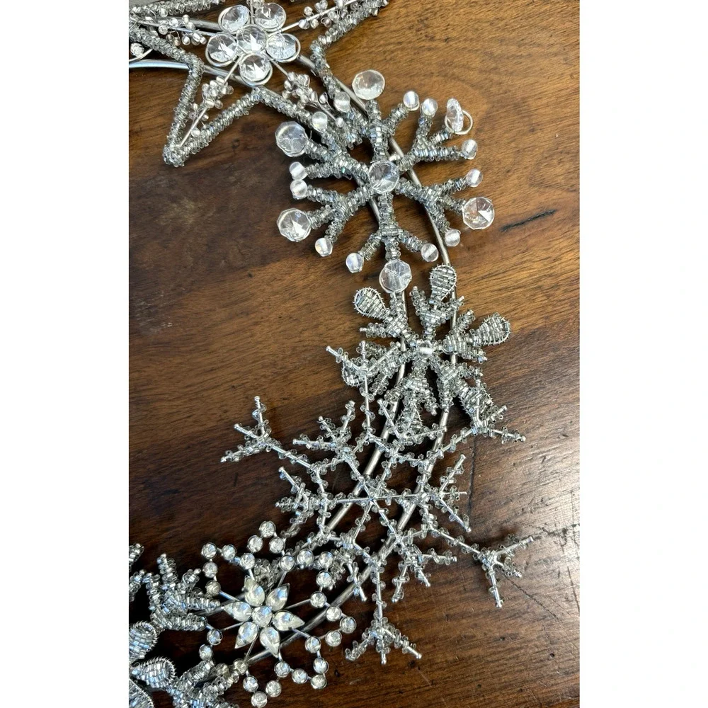 Pottery Barn Jeweled Wreath Silver Metal Snowflake Crystal Christmas 17